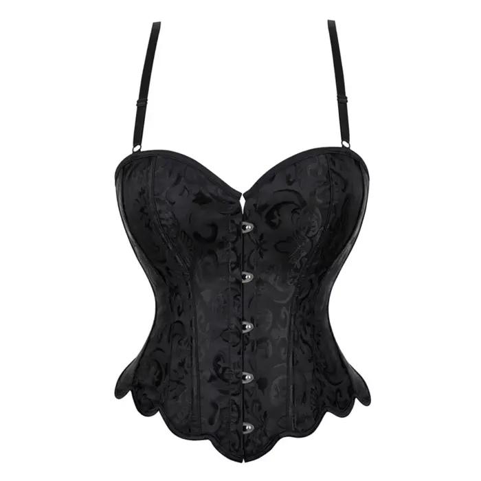 Corset bandeau en jacquard noir à motifs, avec fermeture avant et bretelles à nouer à l'arrière pour