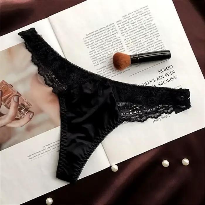 String en dentelle creuse pour femmes, Satin brillant, soie lisse, taille basse, sous-vêtements avec