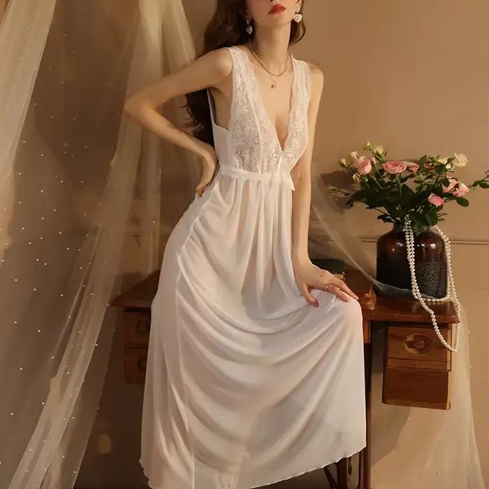Robe de nuit de mariage longue en dentelle pour femme, chemise de nuit vintage élégante, chemise de 