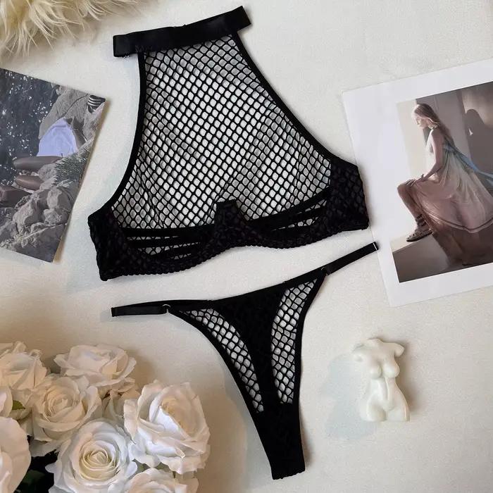 Ensembles de lingerie féminine 2 pièces, débardeur fantaisie et string, séduisants, en résille ajour