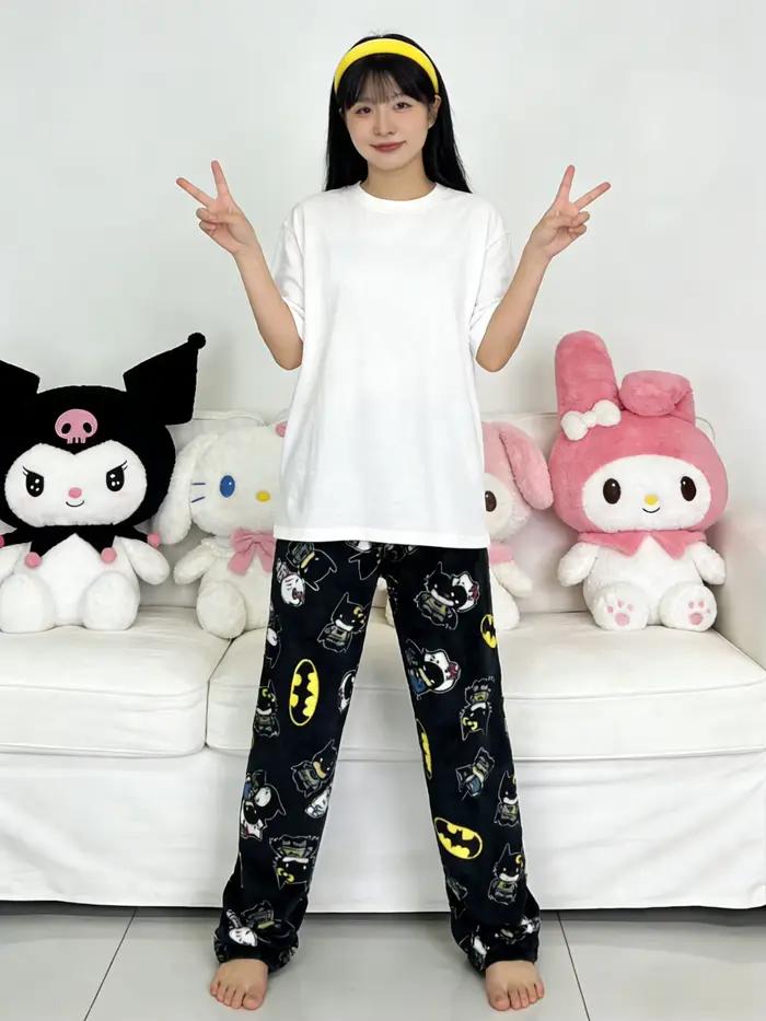 Pyjama en flanelle Hello Kitty, vêtements de détente thermiques noirs, pantalon de marche décontract