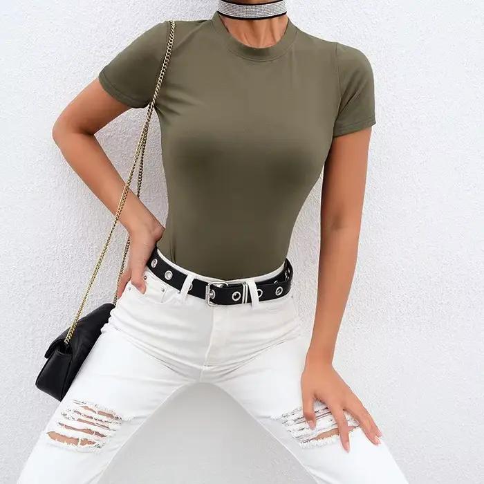 Décontracté basique noir blanc Body femmes été à manches courtes femme corps haut coton moulante com
