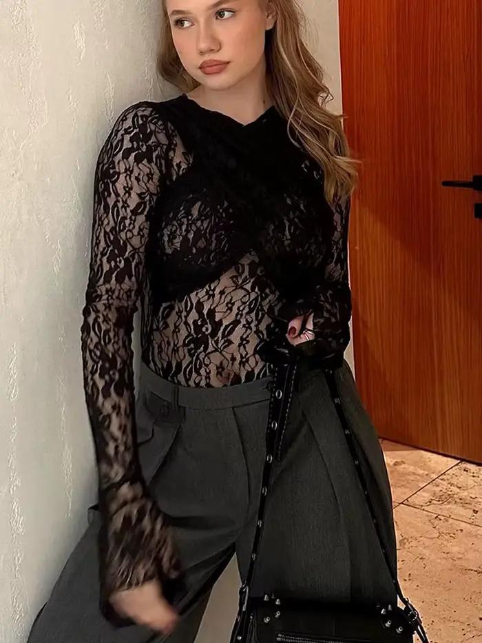FSMG noir Sexy voir à travers dentelle moulante T-Shirt solide col rond Flare à manches longues croi