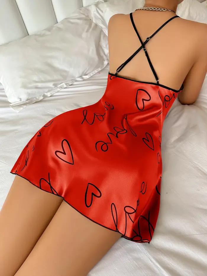 Coeur lettre impression chemise de nuit décontracté col rond Spaghetti sangle robe de nuit femmes vê
