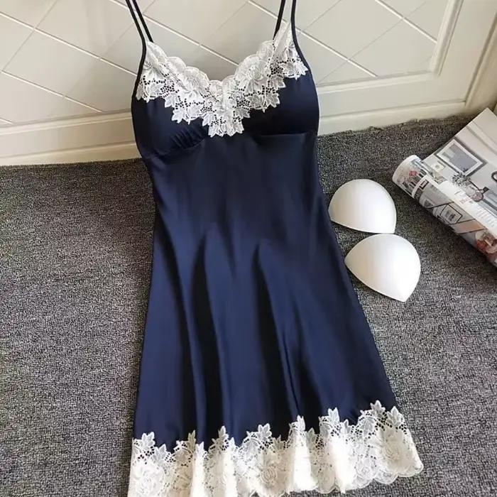 Sexy femmes Robe en soie Robe chemise de nuit dentelle douce chemise de nuit décontractée bretelles 