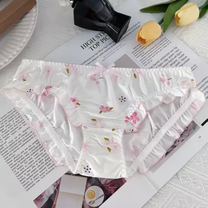 Culottes pour femmes en soie de lait, taille basse, respirantes, avec volants Lolita, imprimé nuages