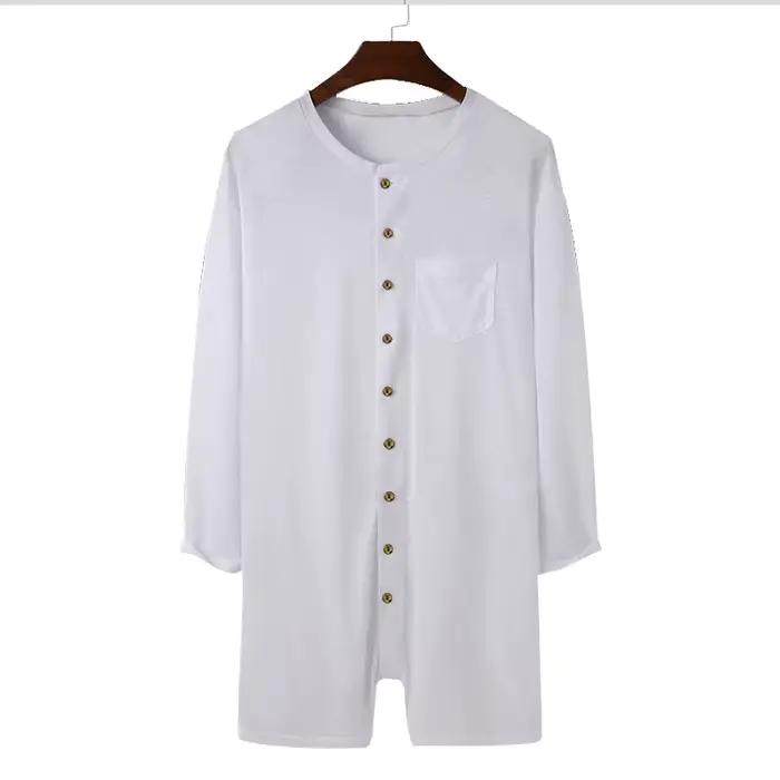 Pyjama sexy pour homme, combinaison, couleur unie, col rond, manches longues, t-shirt et short, nouv