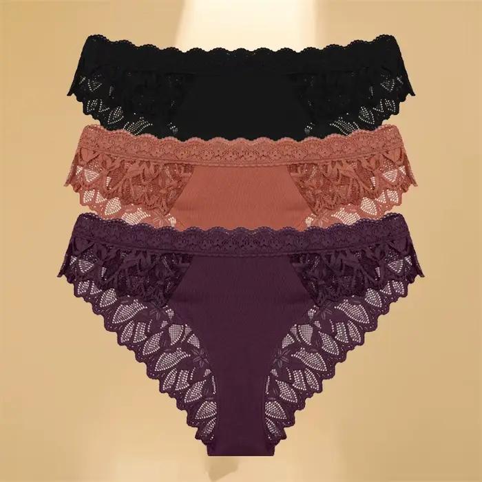 FINETOO 3 pièces dentelle évider sous-vêtements pour femmes Sexy taille basse slips floraux femme In