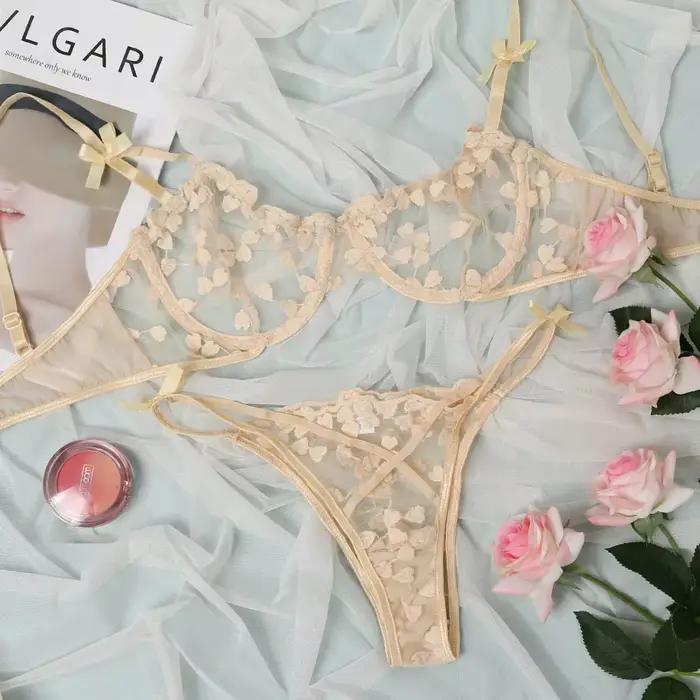 Yimunancy coeur broderie ensemble de Lingerie femmes 2 pièces Transparent nœud soutien-gorge + bref 
