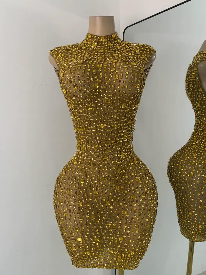 Robe courte de soirée dorée, diamants scintillants, luxe, maille élégante, transparente, vêtements d