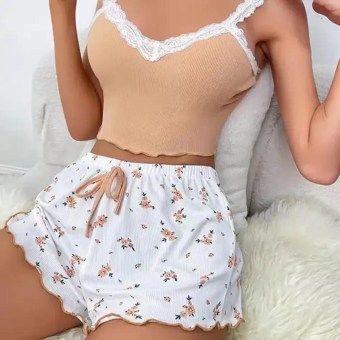 Ensemble pyjama d'été en dentelle à col en v pour femmes, vêtements de nuit, nuisettes Sexy, haut ca
