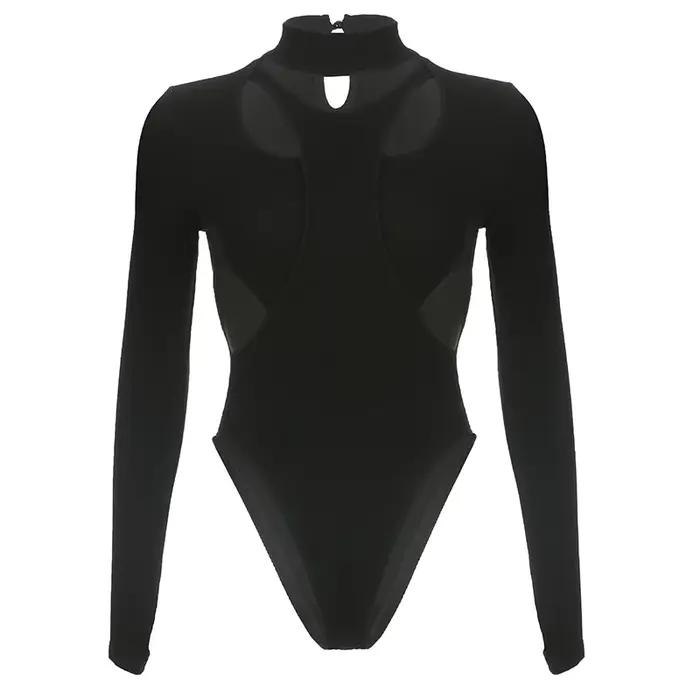 Lingerie noire Sexy évider body à manches longues body Para Mujer De Vestir Patchwork une pièce Lenc