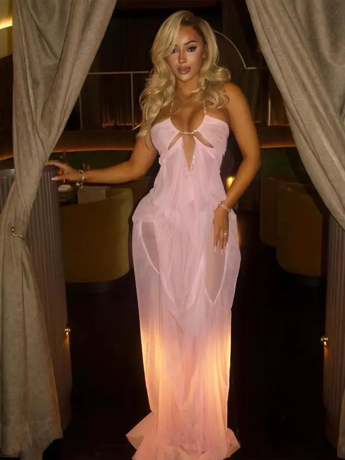 Nibber Bal Robe De Soirée Femme Sexy Voir À Travers De Luxe Chaîne Halter Col Bas Dos Nu Sans Manche