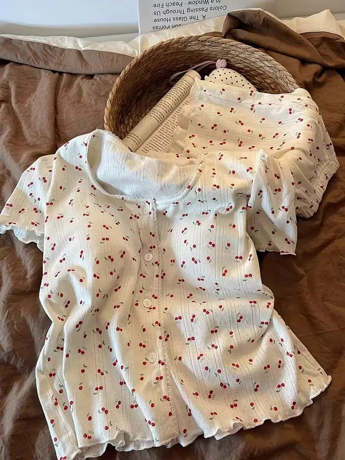 Nouvel ensemble de pyjama d'été pour femme, imprimé, à manches courtes, avec coussinets de poitrine,