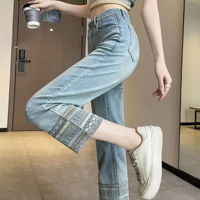 Pantalon en Dentelle Transparente avec Strass pour Femme, Capri, Jambe Droite, Jeans Fjpouvez-vous a