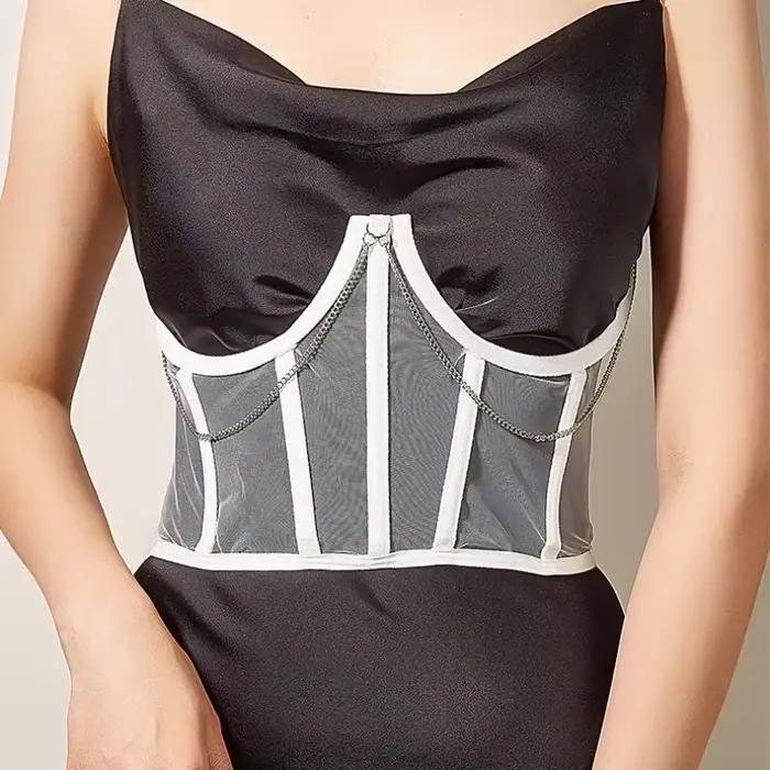 Punk chaîne en métal noir Corset centre commercial Goth taille haute Corsets Harajuku Vintage maille