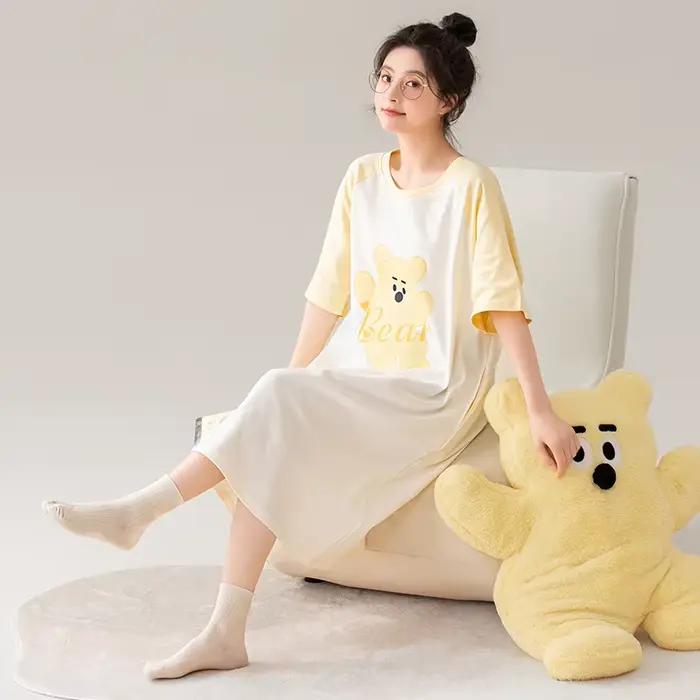 Chemise de nuit 100% coton pour femme, robe de nuit Kawaii, col rond, jupe de nuit, mode douce, haut
