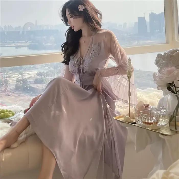 Chemise de nuit en dentelle à manches longues pour femmes, vêtements d'intérieur princesse, chemise 