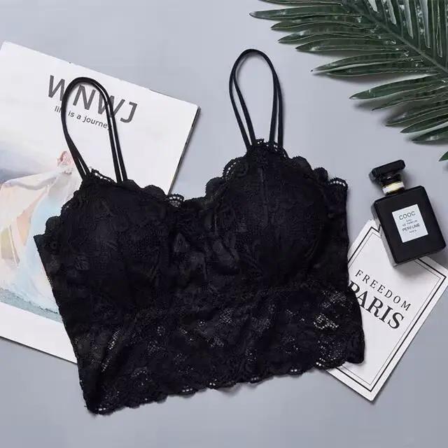 Bralette en dentelle florale pour femme – Crop top en dentelle festonnée à double bretelles avec bon