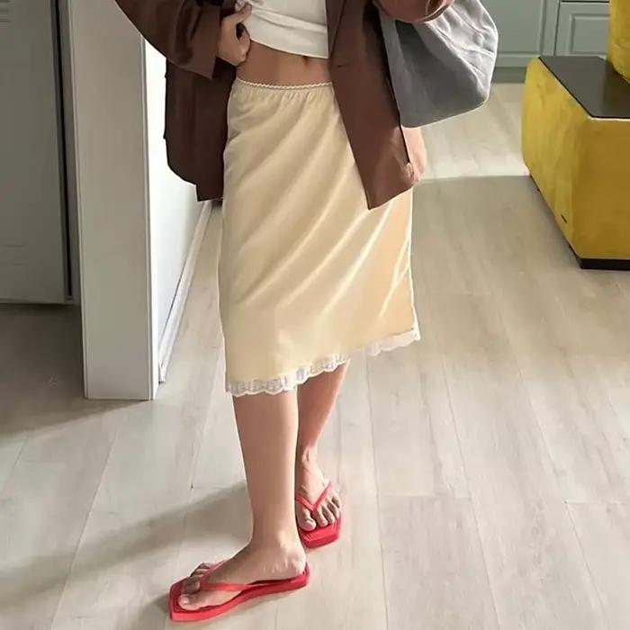 Jupe mi-longue Chic en Satin de soie pour femmes, élégante, mode dame, taille basse, droite, Vintage