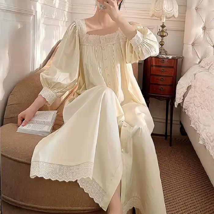 Vintage broderie coton longues chemises de nuit pour dame à manches longues élégant Cardigan chemise