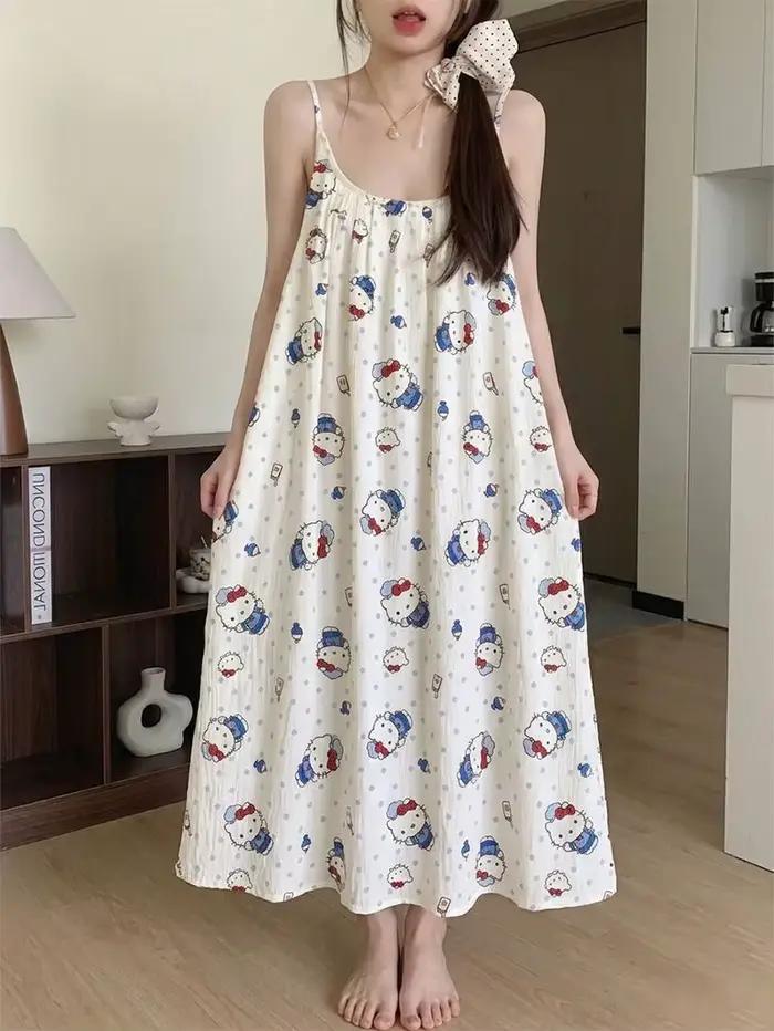 Robe de nuit mi-longue Hello Kitty pour femme avec soutien-gorge intégré, imprimé dessin animé migno