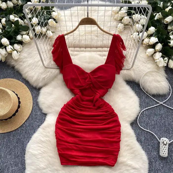 Foamlina robe de soirée Club femmes 2025 mode d'été solide col en V manches volantes taille haute pl