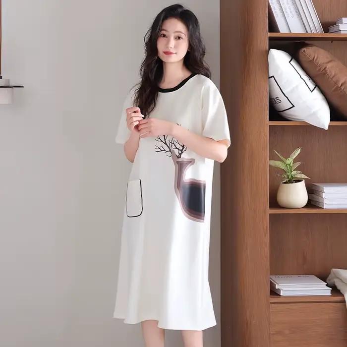 Date femmes chemise de nuit femme 100% coton à manches courtes vêtements de nuit robe de nuit