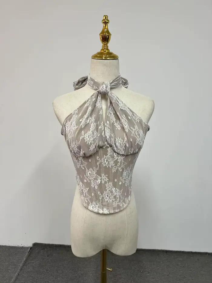 ​ ​ Corset en dentelle, haut col licou, amincissant, dos nu, Vintage, Y2K, été, Sexy, minimaliste, c