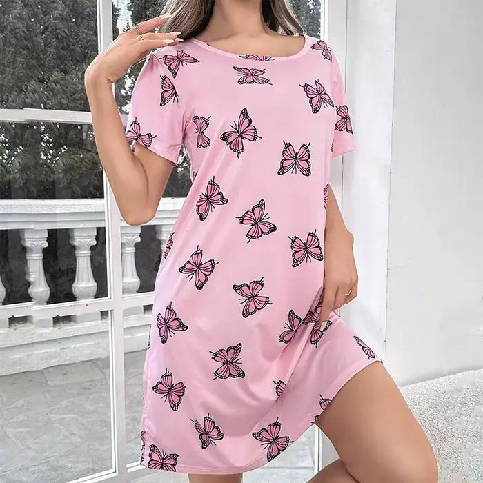 Chemise de nuit d'été à manches courtes pour femmes, T-shirt à col rond, chemise de nuit douce, vête