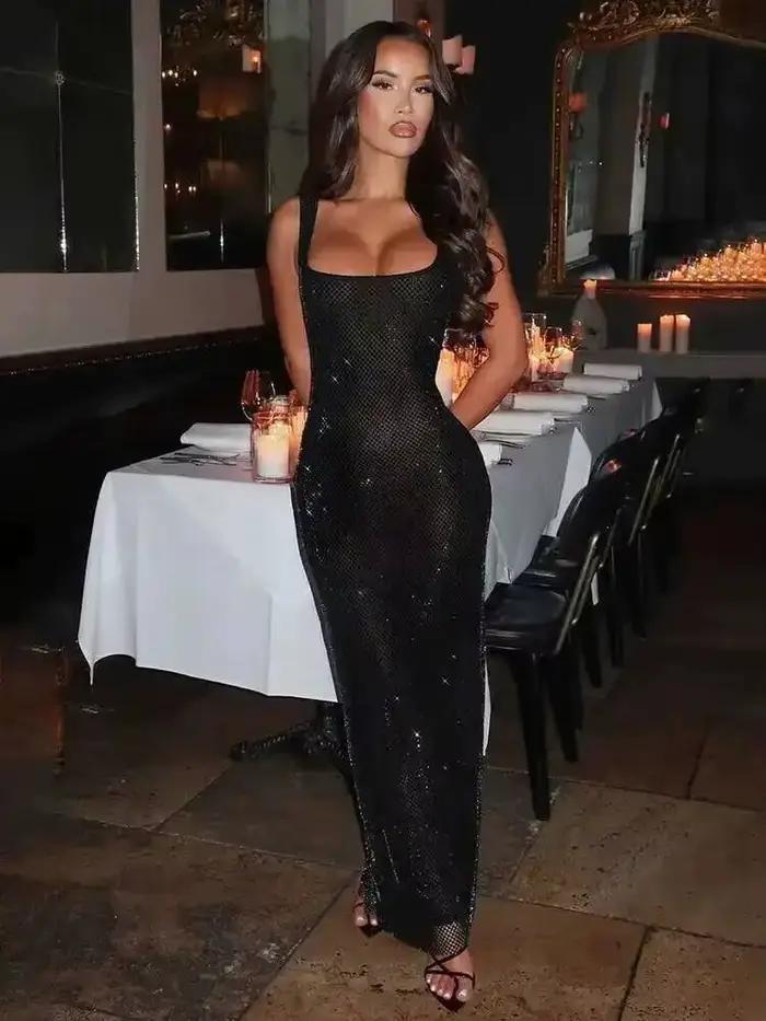 Townlike-Robe longue à bretelles spaghetti pour femmes, diamants chauds, boîte de nuit, sexy, printe