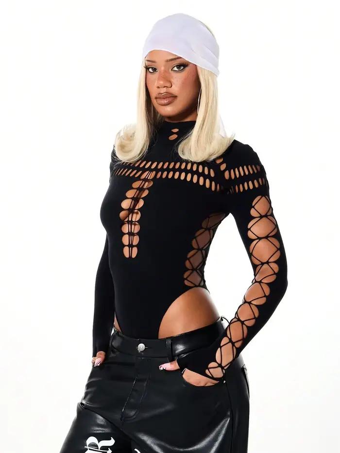 FHSEER Combinaison sexy Y2K pour femme, col montant, moulante, découpes frontales et manches en mail