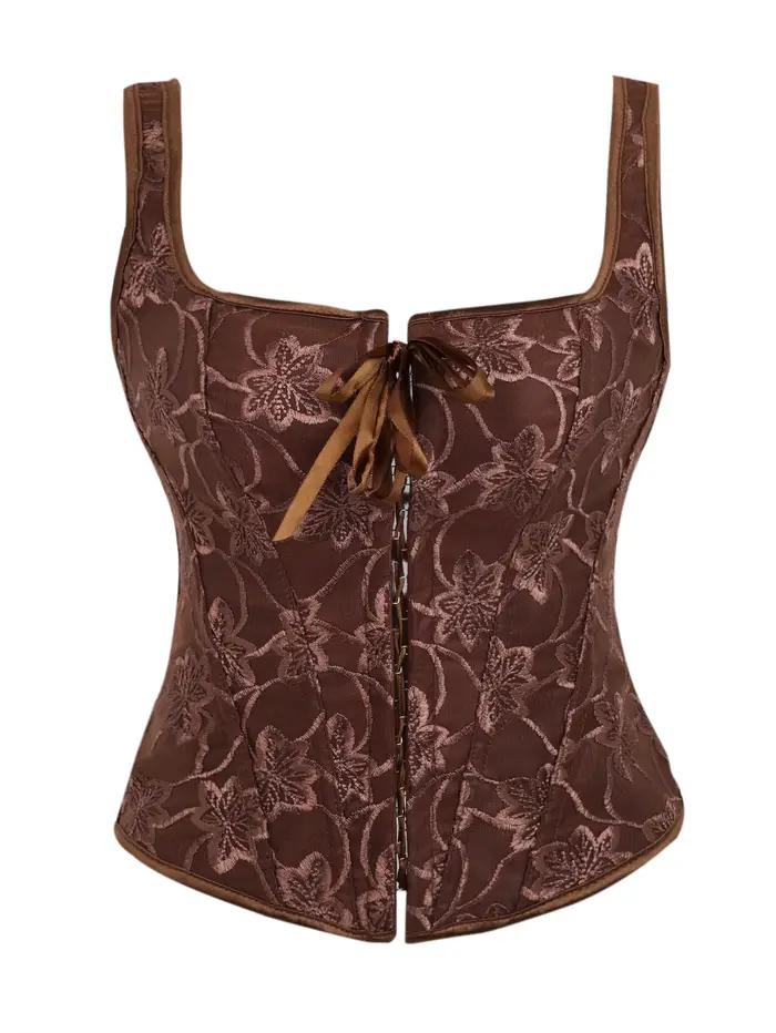 Corset marron caramel avec broderie florale, coupe ajustée, élégant pour femmes, idéal pour les occa