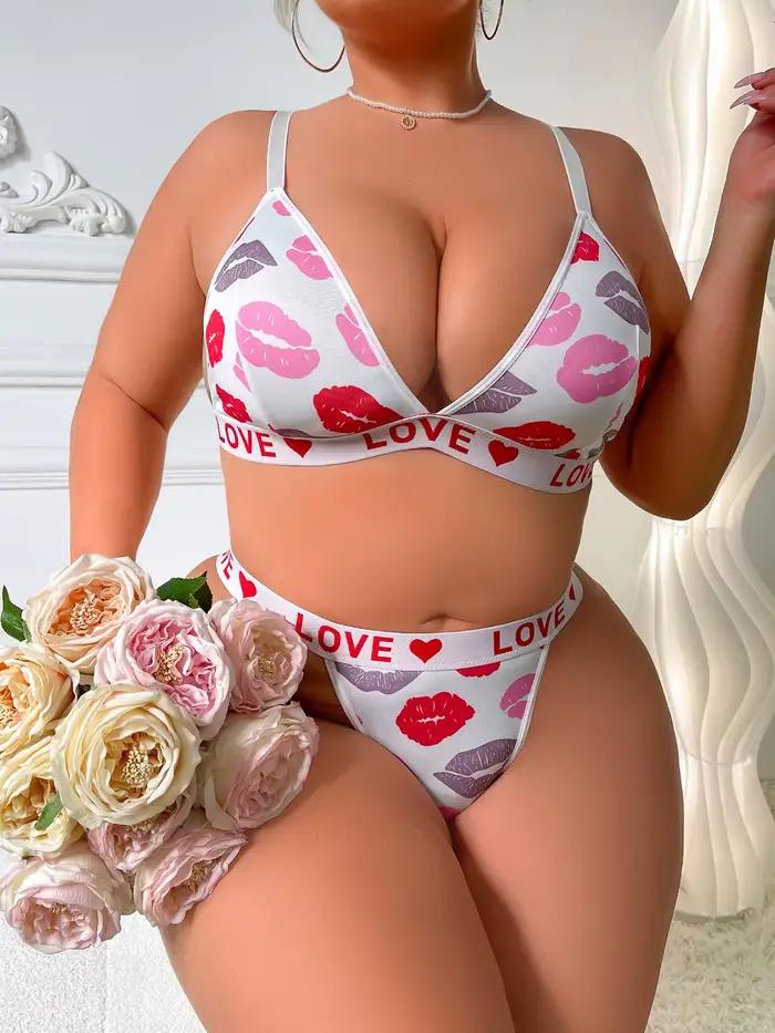 Ensemble de Lingerie Sexy imprimé lèvres pour femmes, Bralette et string à bonnets triangulaires fra