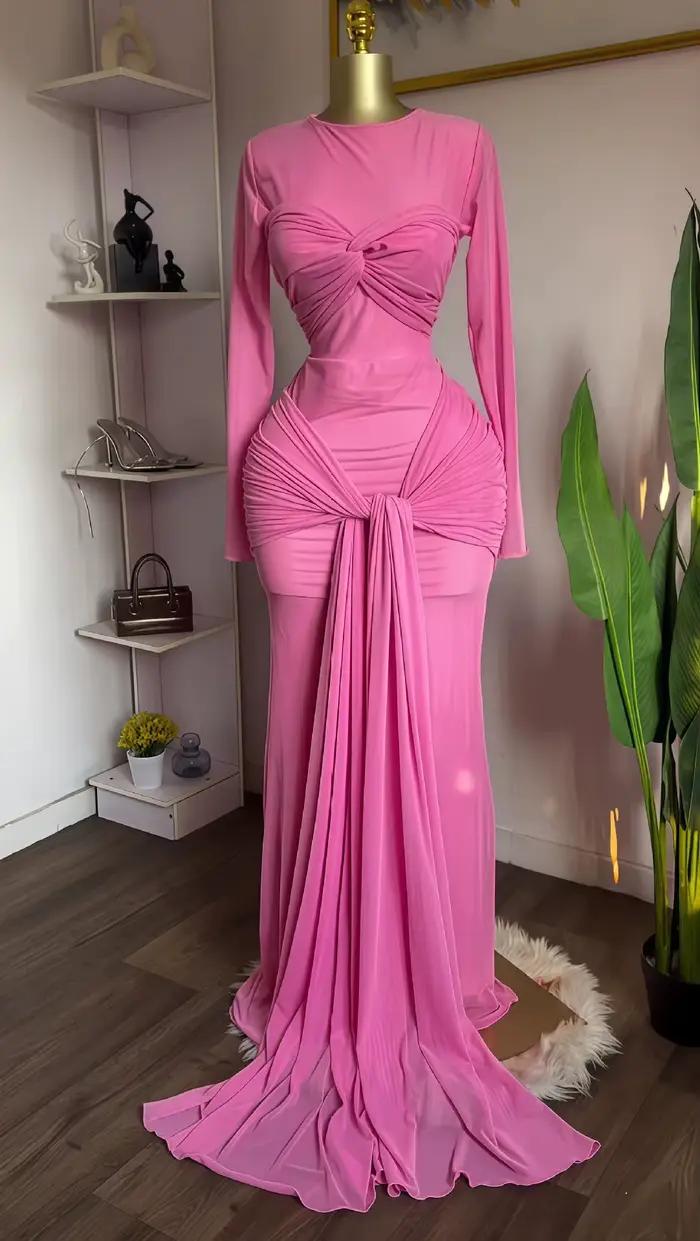 Robe de mariée élégante pour femme, en maille transparente, à manches longues, longue, avec nœud, aj