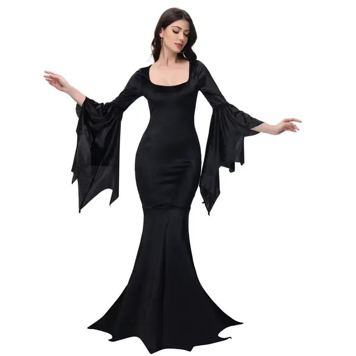 Robe de famille en queue de poisson rétro gothique, manches évasées, Halloween, Morticia Adams, Prim