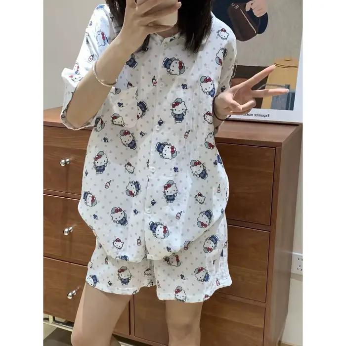 Ensemble pyjama Hello Kitty pour femmes, short à manches courtes, dessin animé, décontracté, pour ét