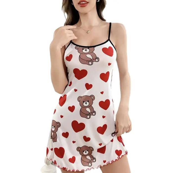 Robe de nuit d'été mignonne pour femme, imprimée cœurs et oursons, sans manches, à volants, vêtement