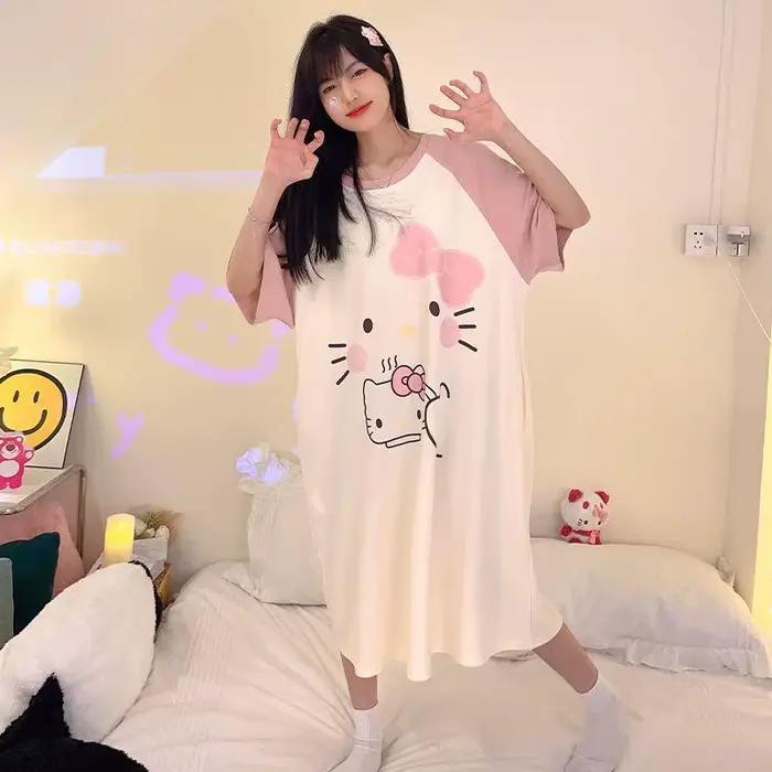 Nouvelle Robe de Nuit Hello Kitty Douce et Mignonne pour Femme, Version Coréenne, Col Rond, Coupe Am