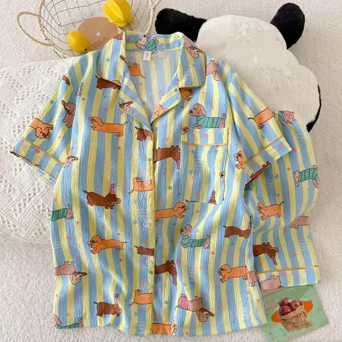 Pyjama Kawaii à imprimé étoiles et rayures pour femmes, mode Y2K, col à revers, pyjama pour femmes, 