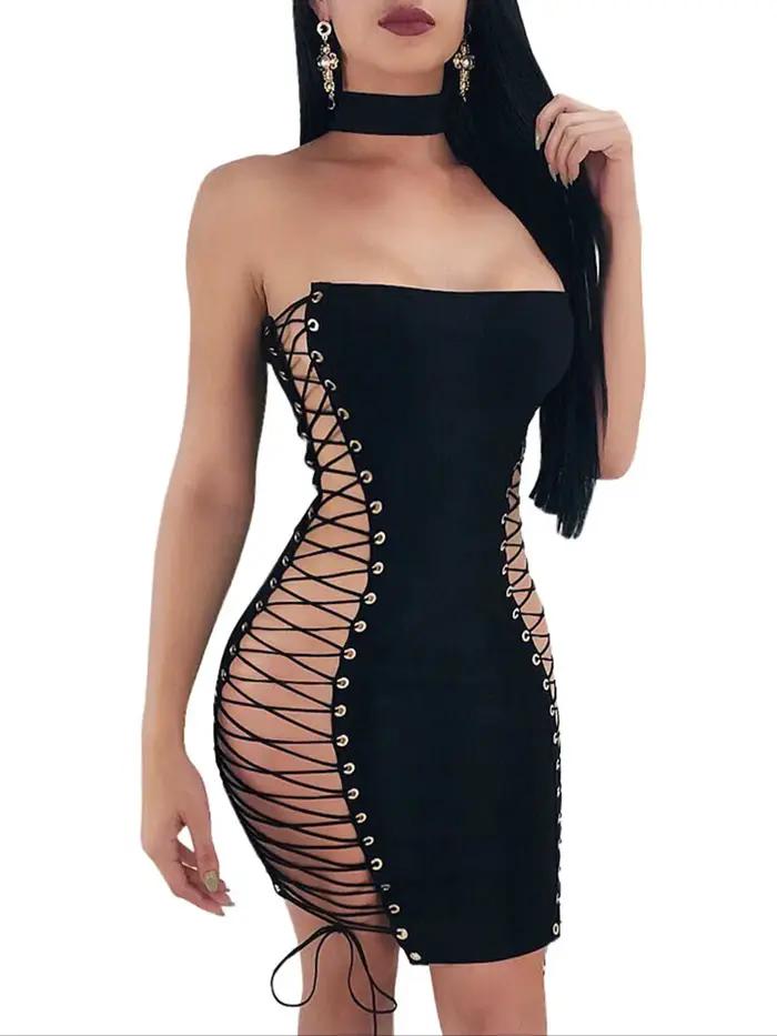 Discothèque explosive Sexy robe noire Double face cors à lacets enveloppement poitrine robe mince Do