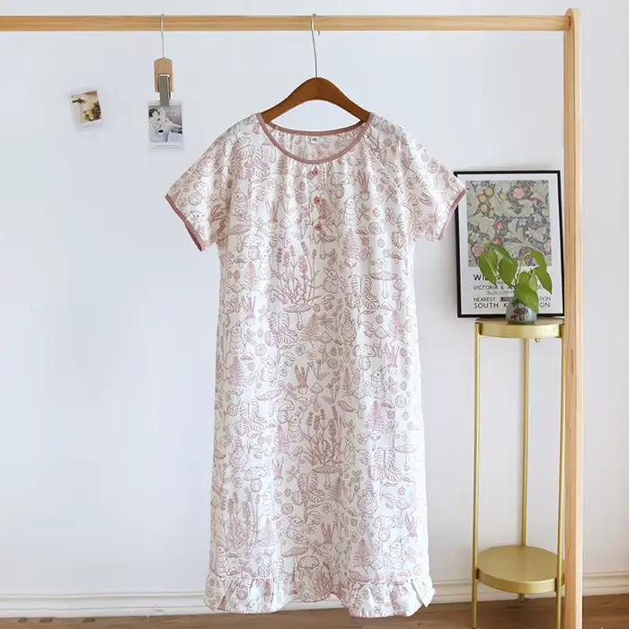 Chemise de nuit pour femme 1 pièce, robe de nuit décontractée en gaze de coton, manches courtes et c