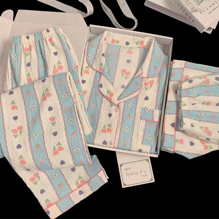 Nouvelle collection printemps/été : pyjamas à rayures de style campagnard pour femmes – ensemble tro