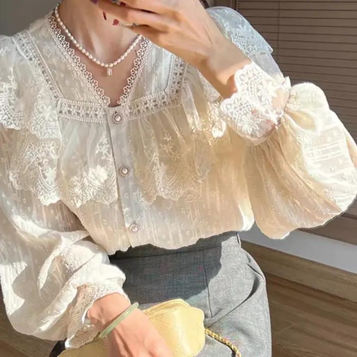 Vintage français femmes chemises dentelle Lolita élégant à manches longues volant Blouse de haute qu