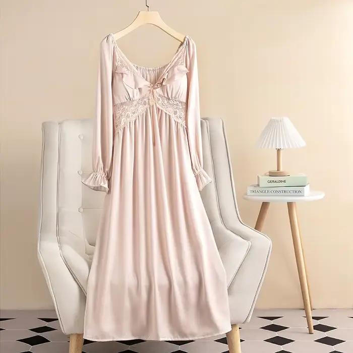 Chemise de nuit en patchwork de dentelle longue pour femmes, vêtements de nuit à manches longues, vê