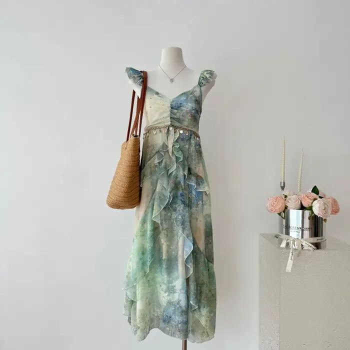 Robe d'été française pour femmes, Design Original, coquille, paillettes, volants, robe de soirée, dé