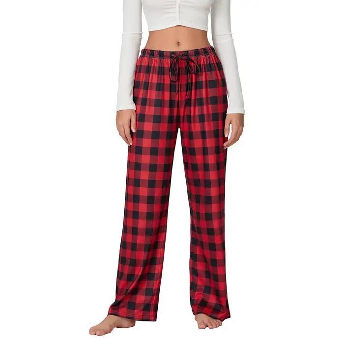 Bas de pyjama à carreaux rouges pour femmes, avec poches, cordon de serrage, pantalon de nuit, ample