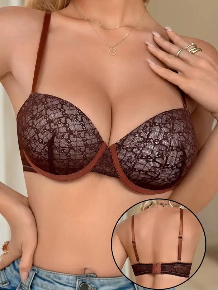Soutien-gorge élégant marron en dentelle à armatures pour femme, push-up, coupe plongeante, lingerie