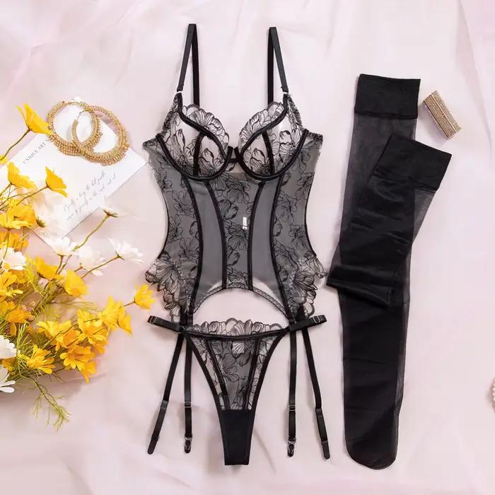 Ensemble de lingerie en dentelle élégant pour femme, corset et string 2 pièces avec bas, broderie fl