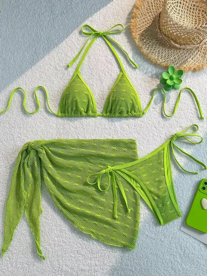 Ensemble Bikini trois pièces Sexy à pois trois points col suspendu maillot de bain fendu femmes mail